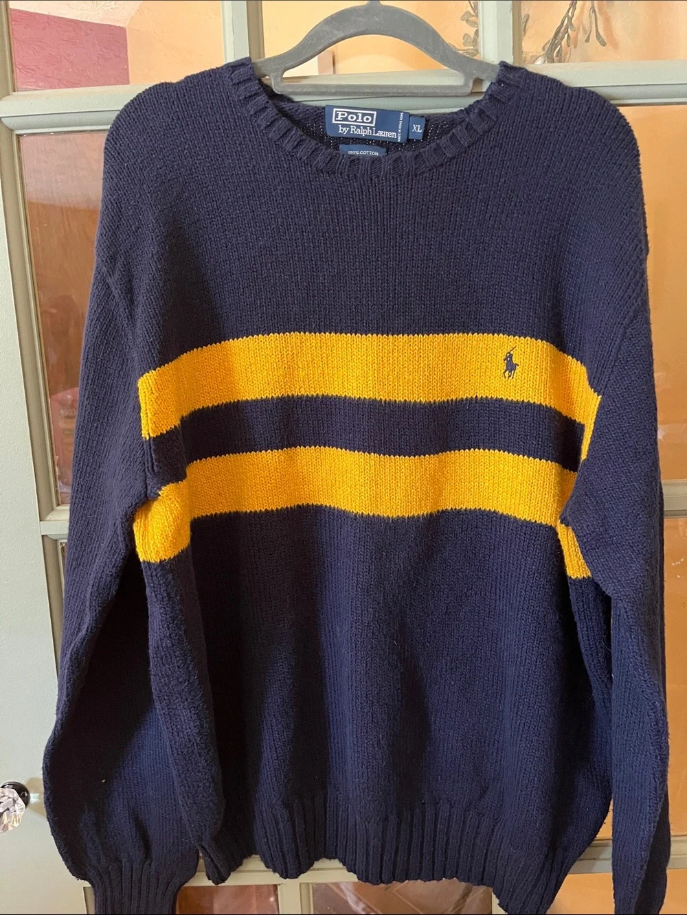 Polo by Ralph Lauren Navy Crewneck Sweater with Gold Stripes